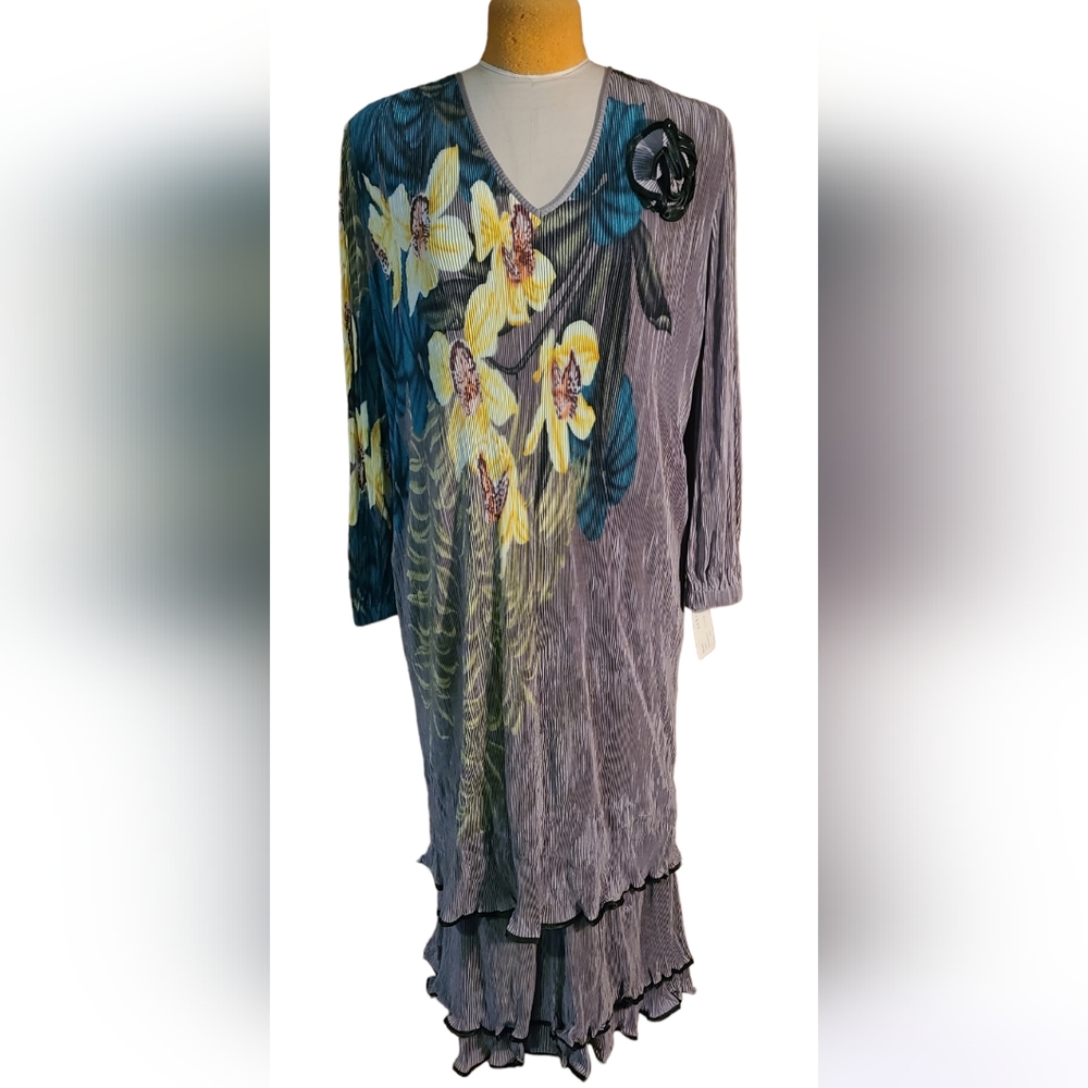 Vintage Euro Virginie Paris France Accordian Micro Pleats Floral Dress NWT